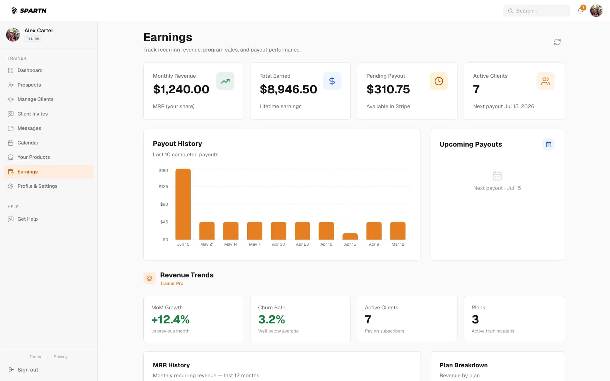 Spartn trainer dashboard — earnings, recurring revenue, and payout tracking